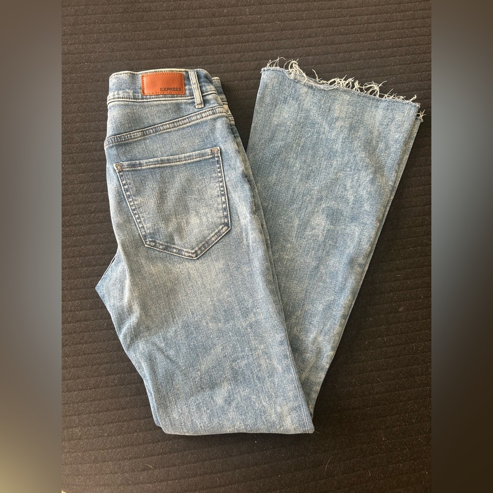 Express Light Blue Slim Flare Denim Jeans with Frayed Hem
